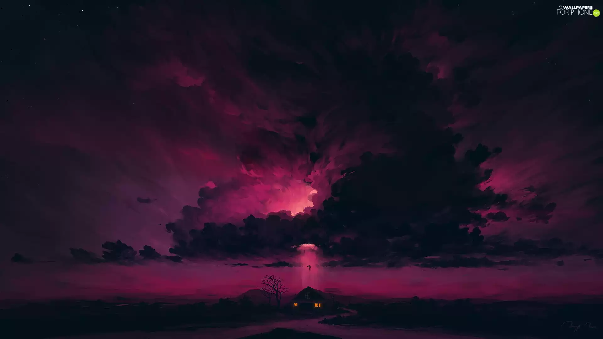 light breaking through sky, house, Night, clouds, graphics