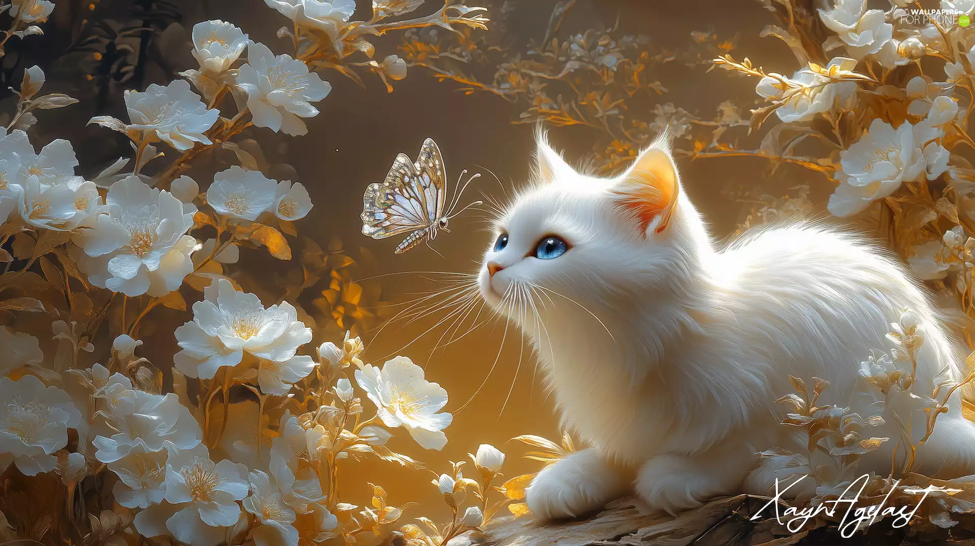 fluffy, cat, butterfly, graphics, Flowers, White