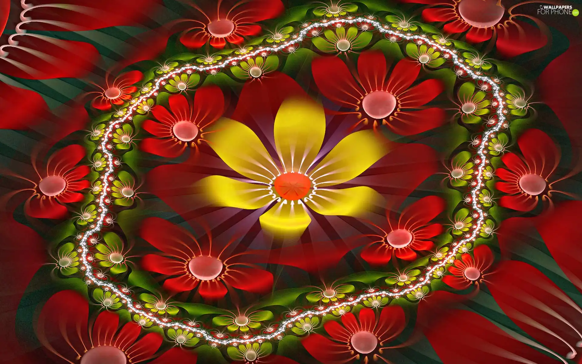 Yellow, Flowers, graphics, Red