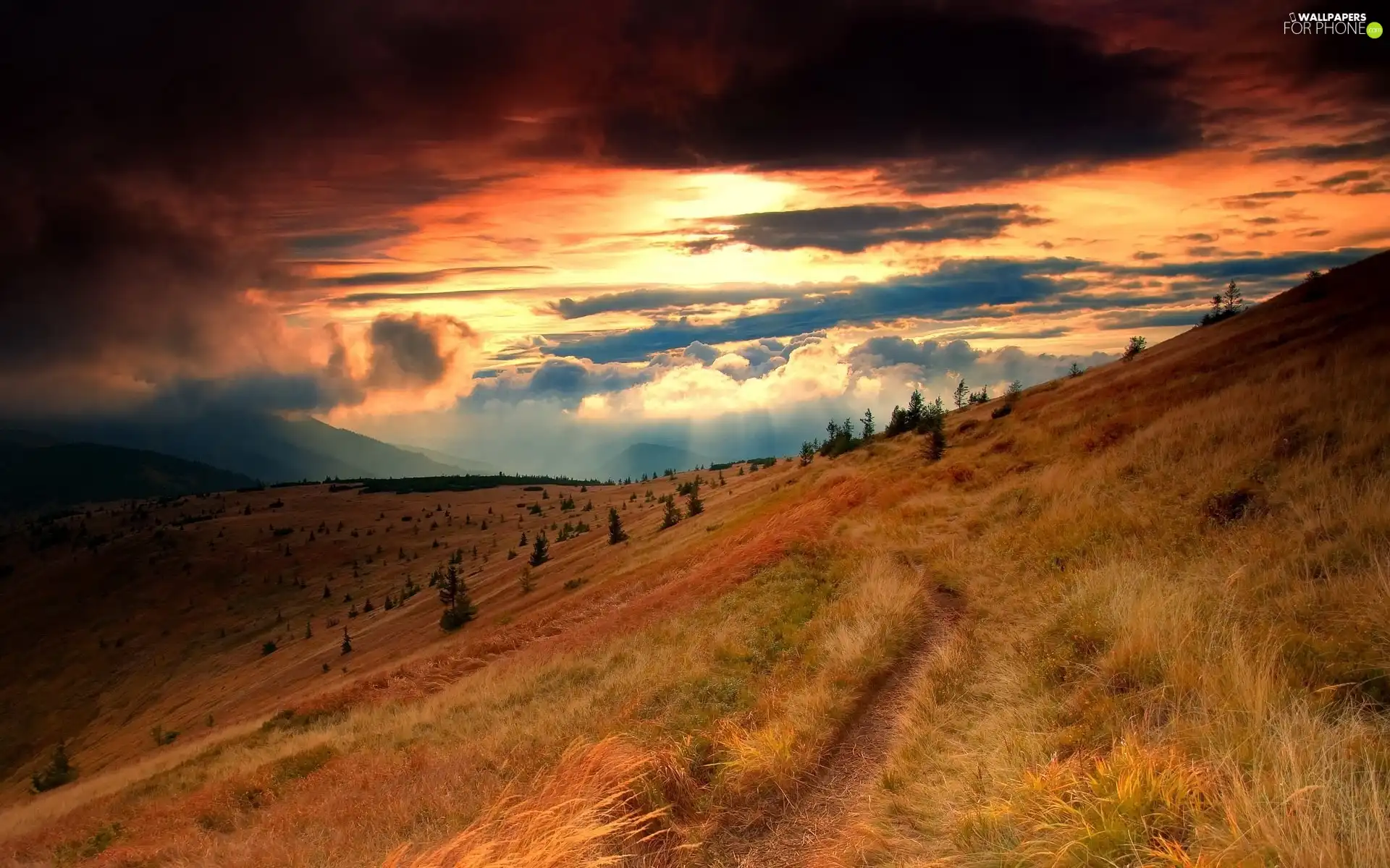 autumn, clouds, grass, Mountains