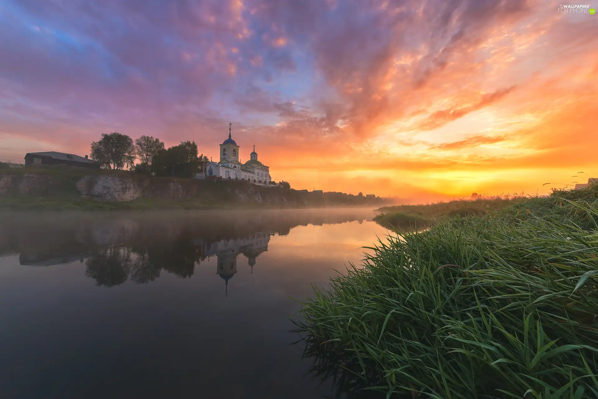 Fog, grass, Cerkiew, Sunrise, River