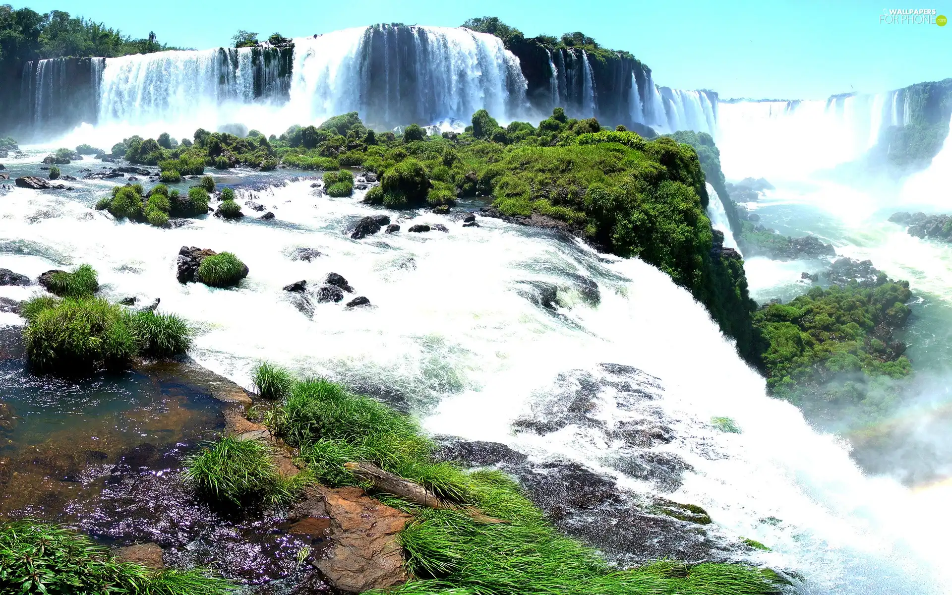 grass, waterfall, Clumps