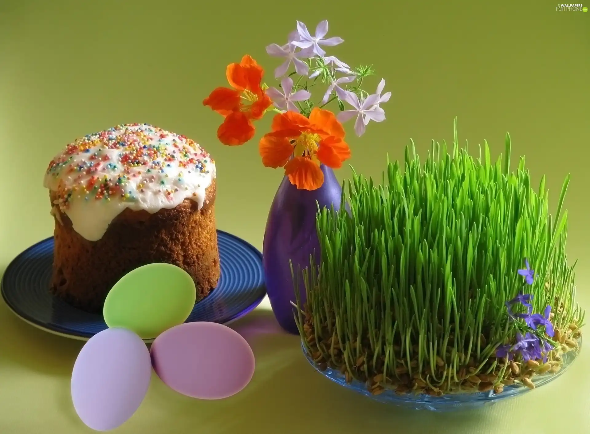 grass, Flowers, cake, Easter, eggs