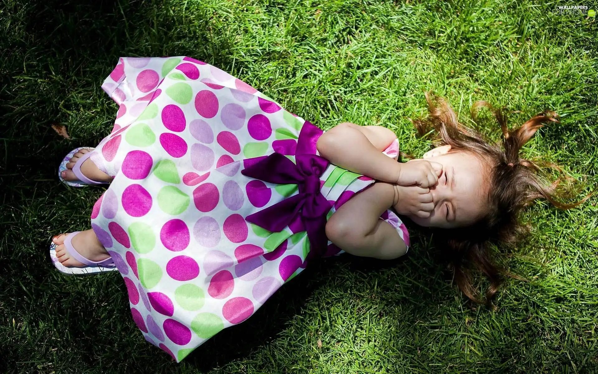 girl, spots, grass, dress