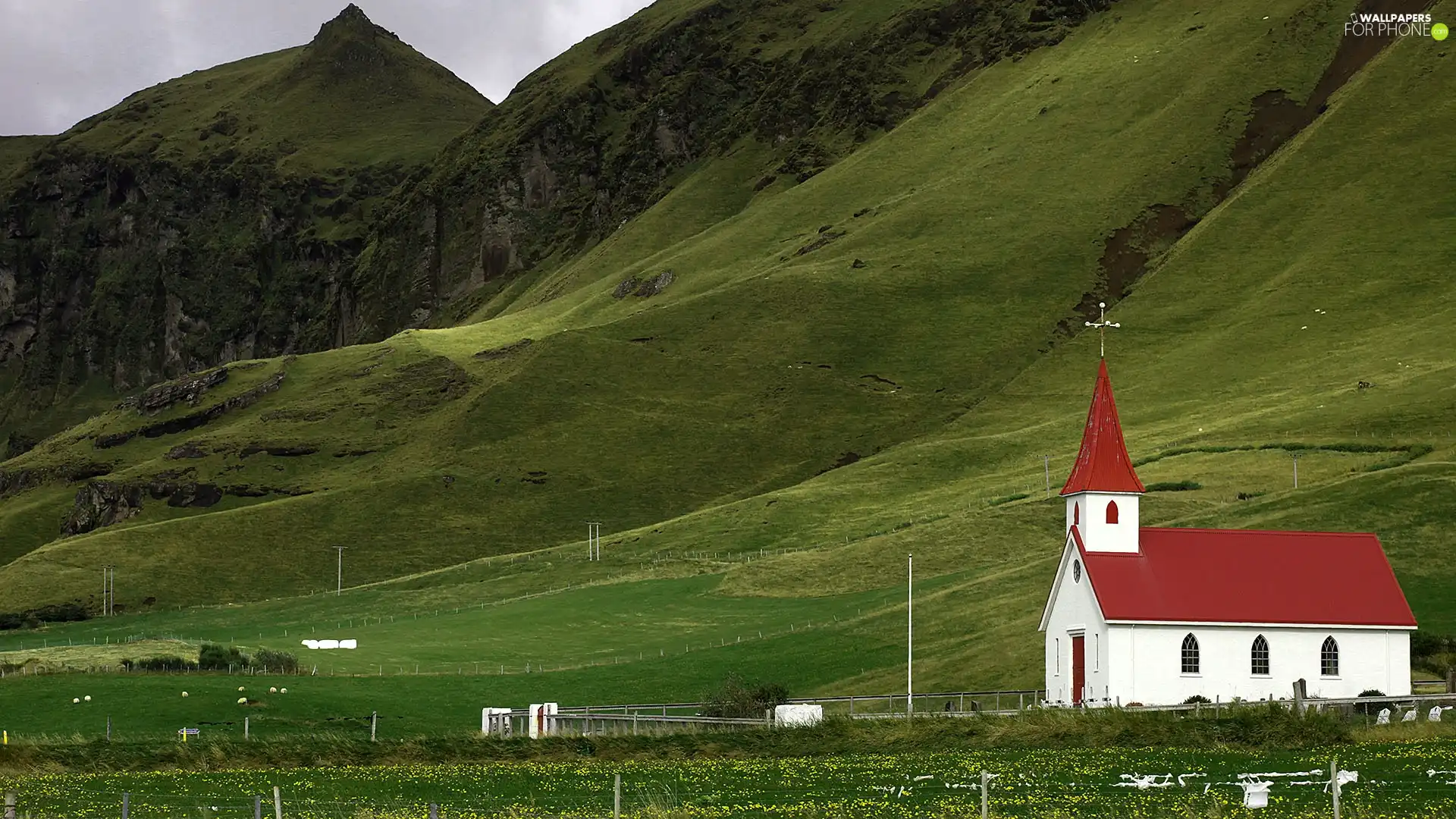 grass, Church, Mountains