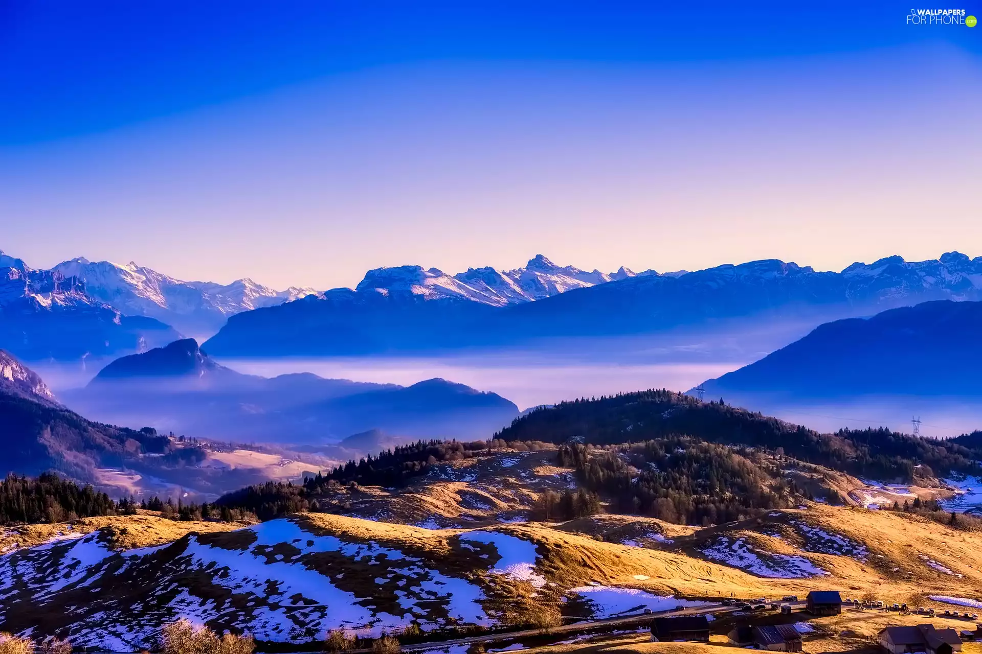 Mountains, Fog, snow, grass