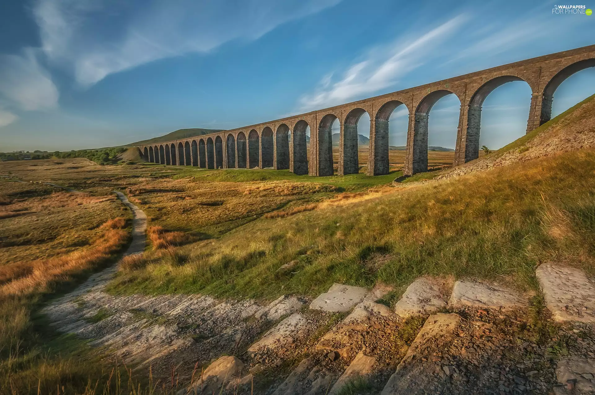 bridge, Yorkshire, Path, Ribblehead Viaduct, England, Stones, grass