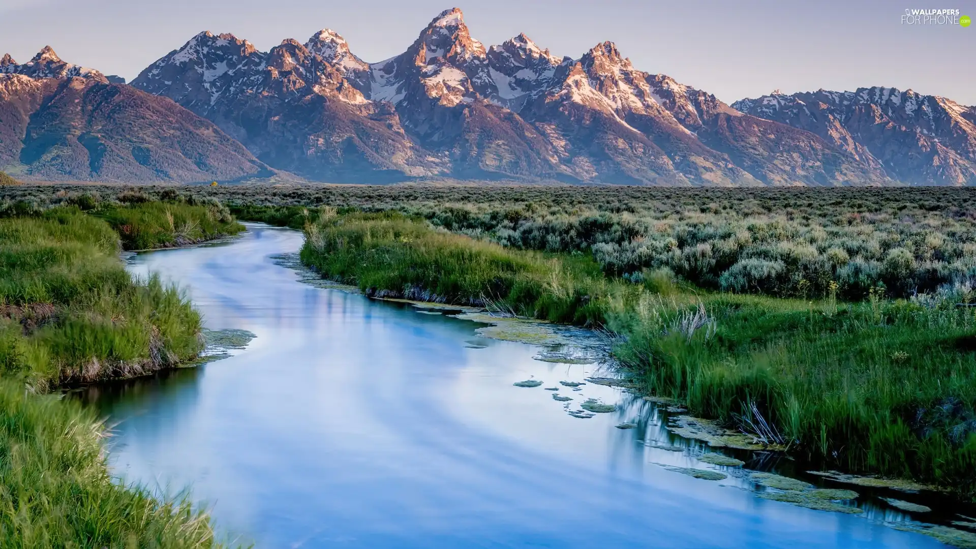 grass, Mountains, River