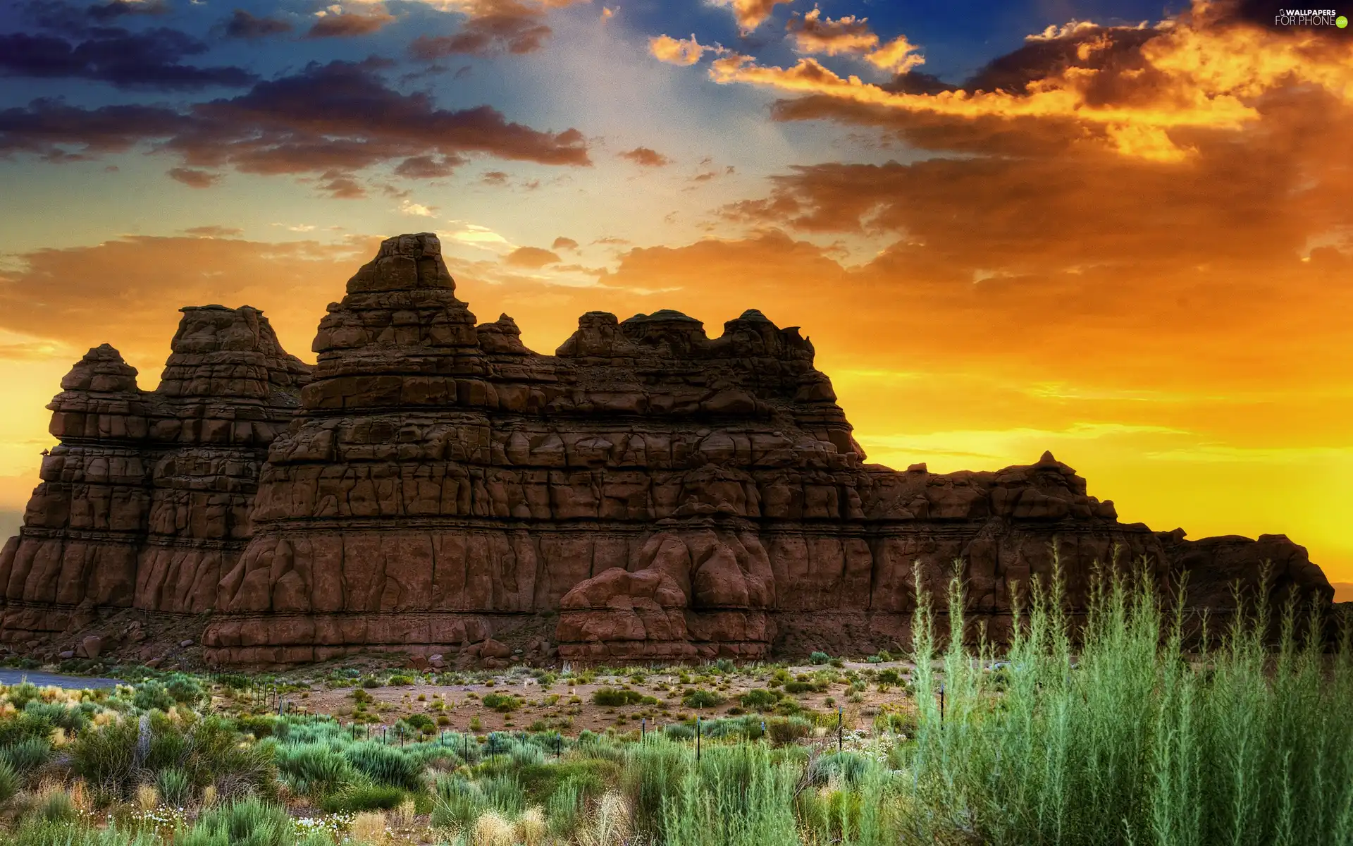 rocks, sun, grass, west