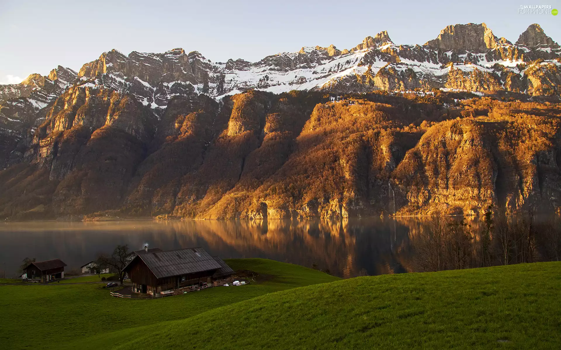 peaks, Mountains, Houses, grass, lake, Snowy
