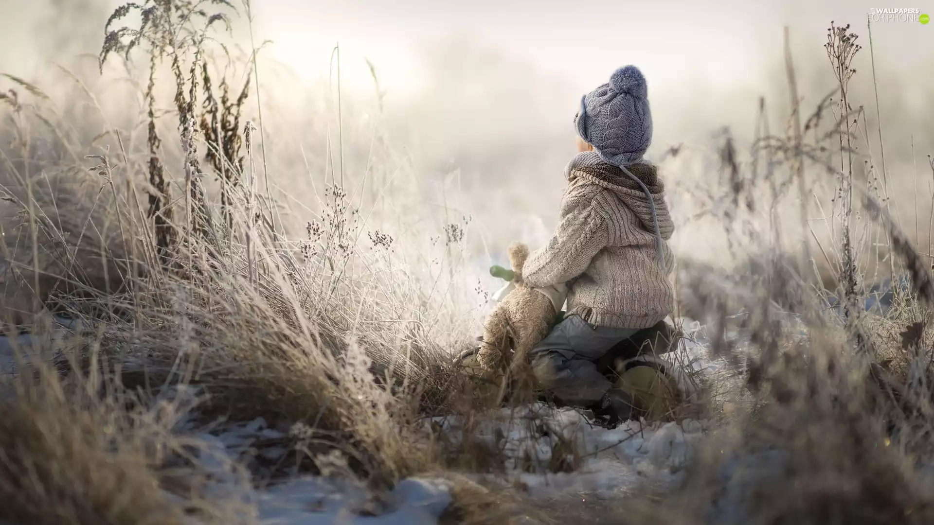 Kid, grass, White frost, toy