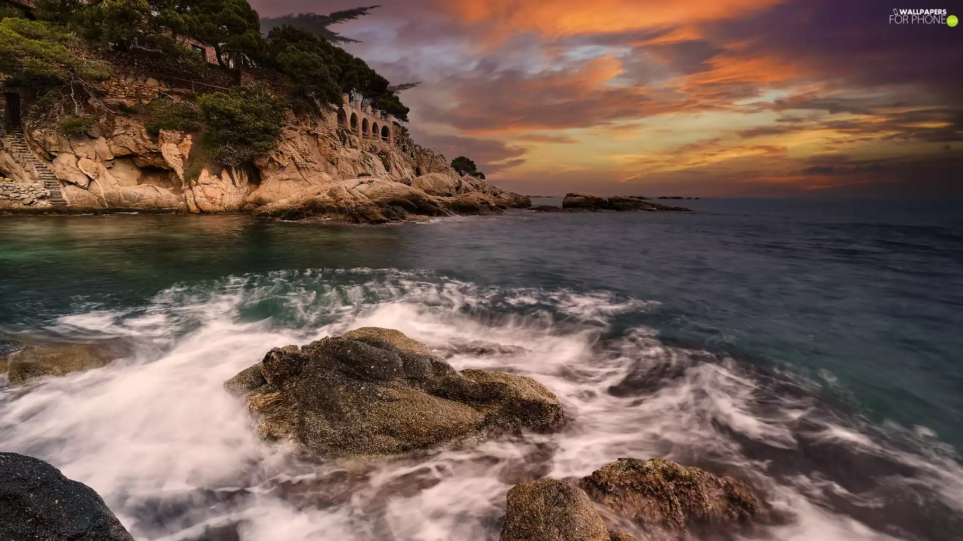 Great Sunsets, Buldings, Catalonia, Mediterranean, rocks, Costa Brava, Spain