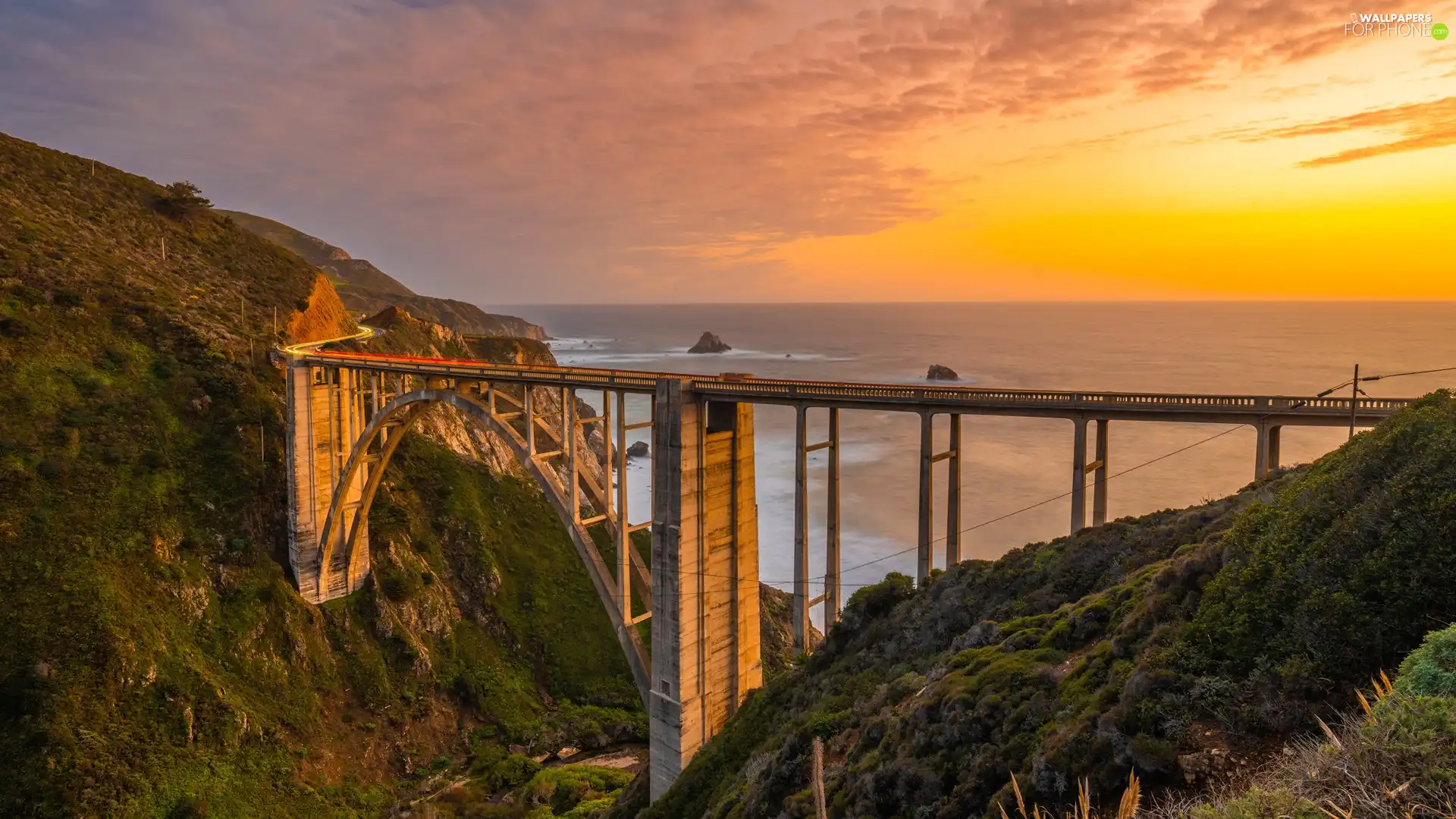 Coast, Big Sur Region, The United States, Great Sunsets, California, Bixby Creek Bridge, sea, clouds