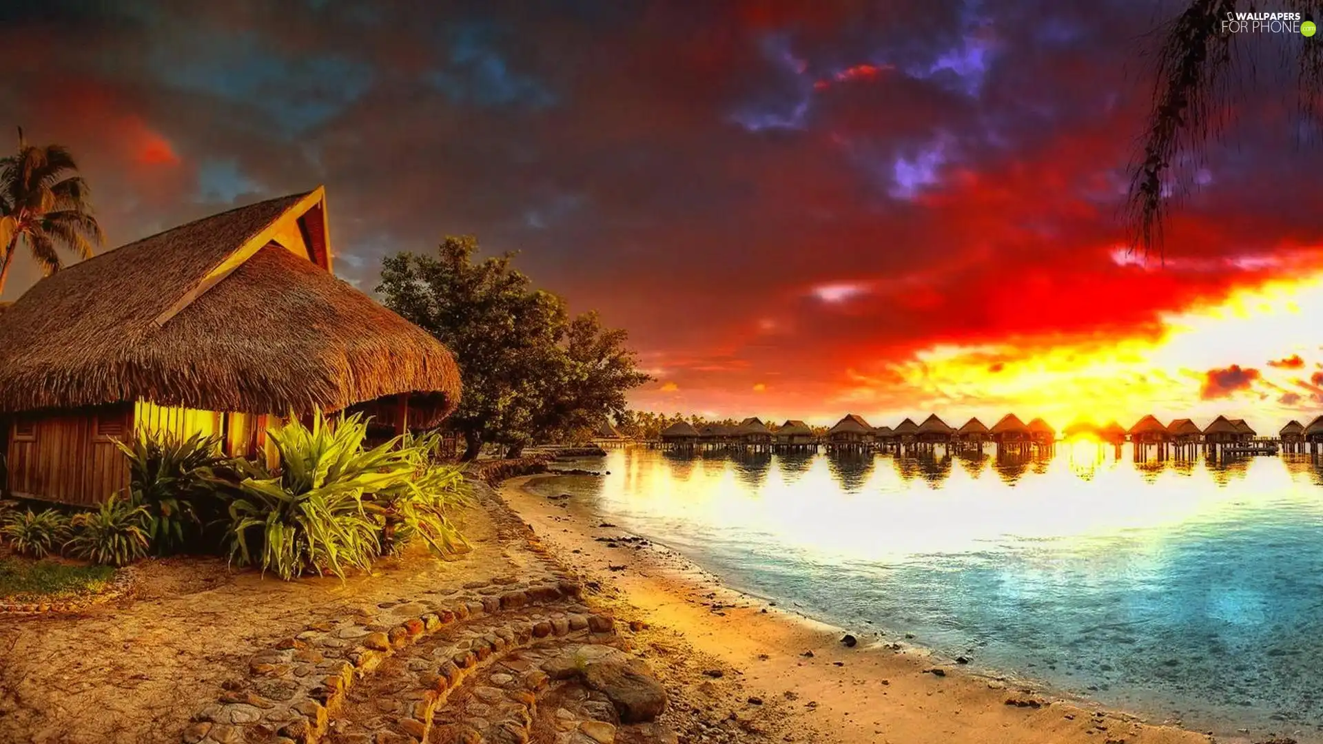 Houses, sea, Great Sunsets, Bungalow