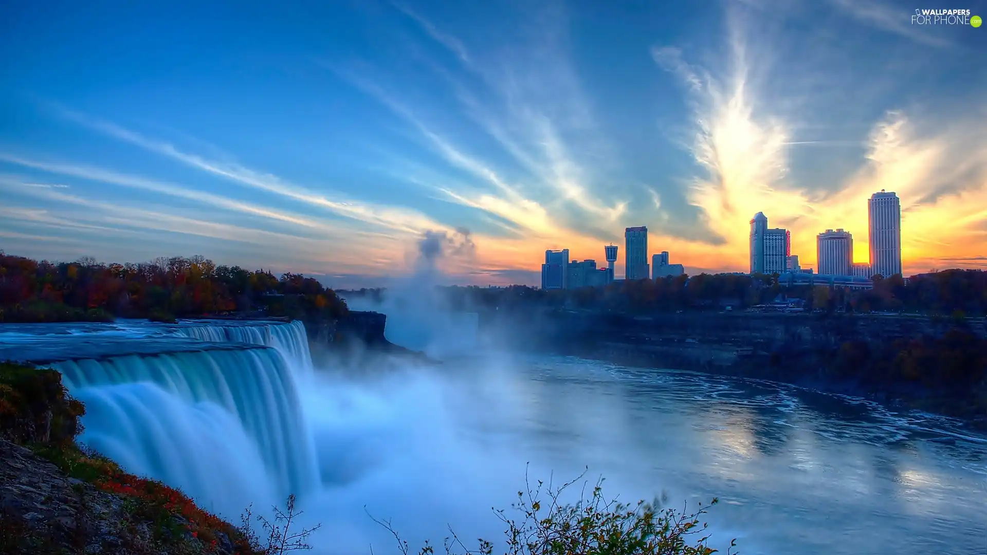 waterfall, skyscrapers, Great Sunsets, Niagara Falls