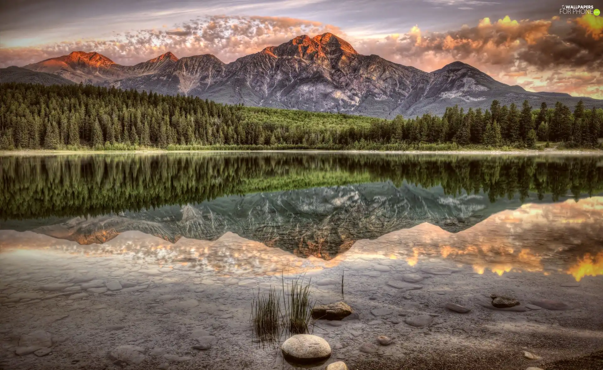 Great Sunsets, reflection, Mountains, woods, lake