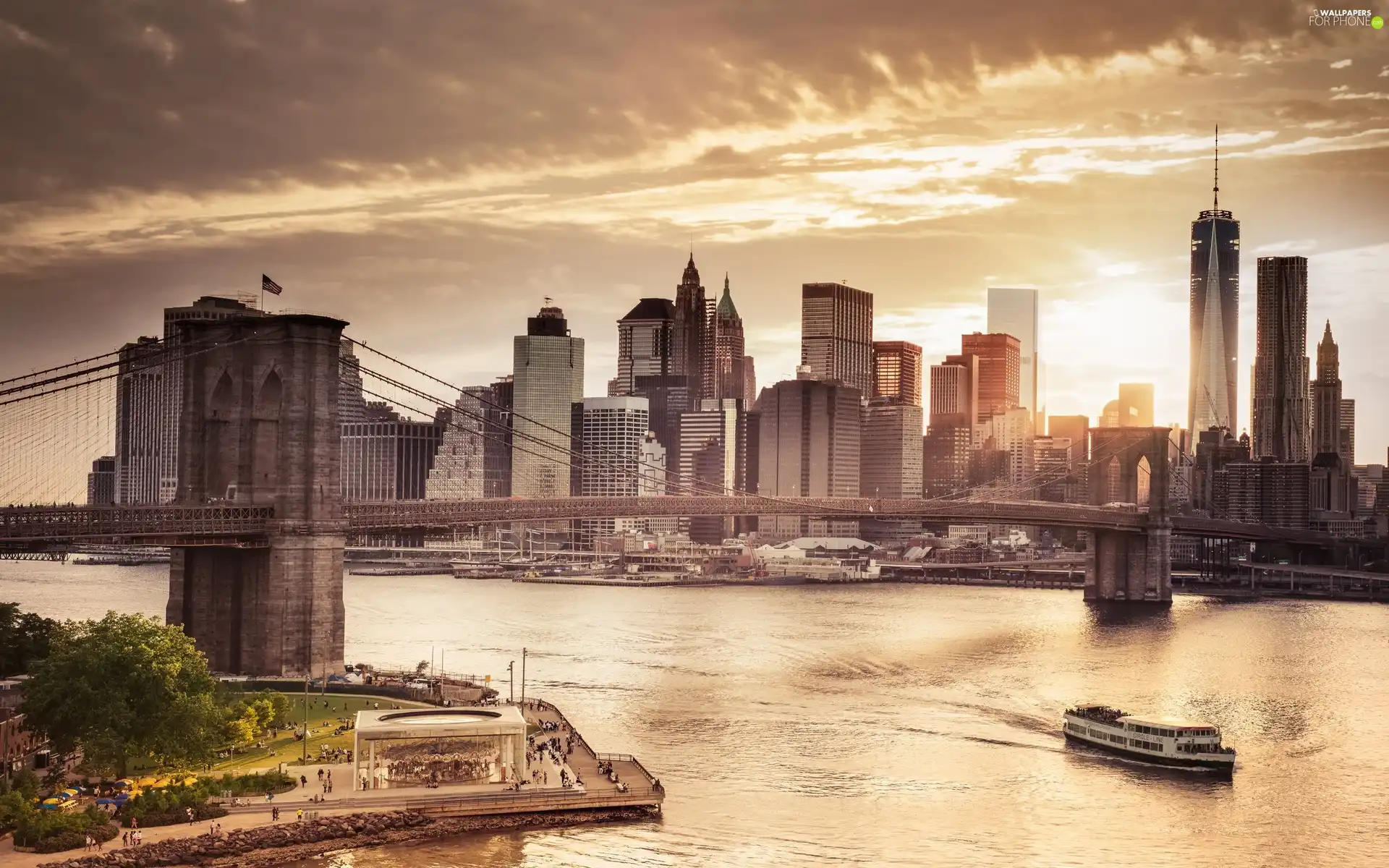 bridge, New York, Great Sunsets, The United States, skyscraper, Brooklyn Bridge, River