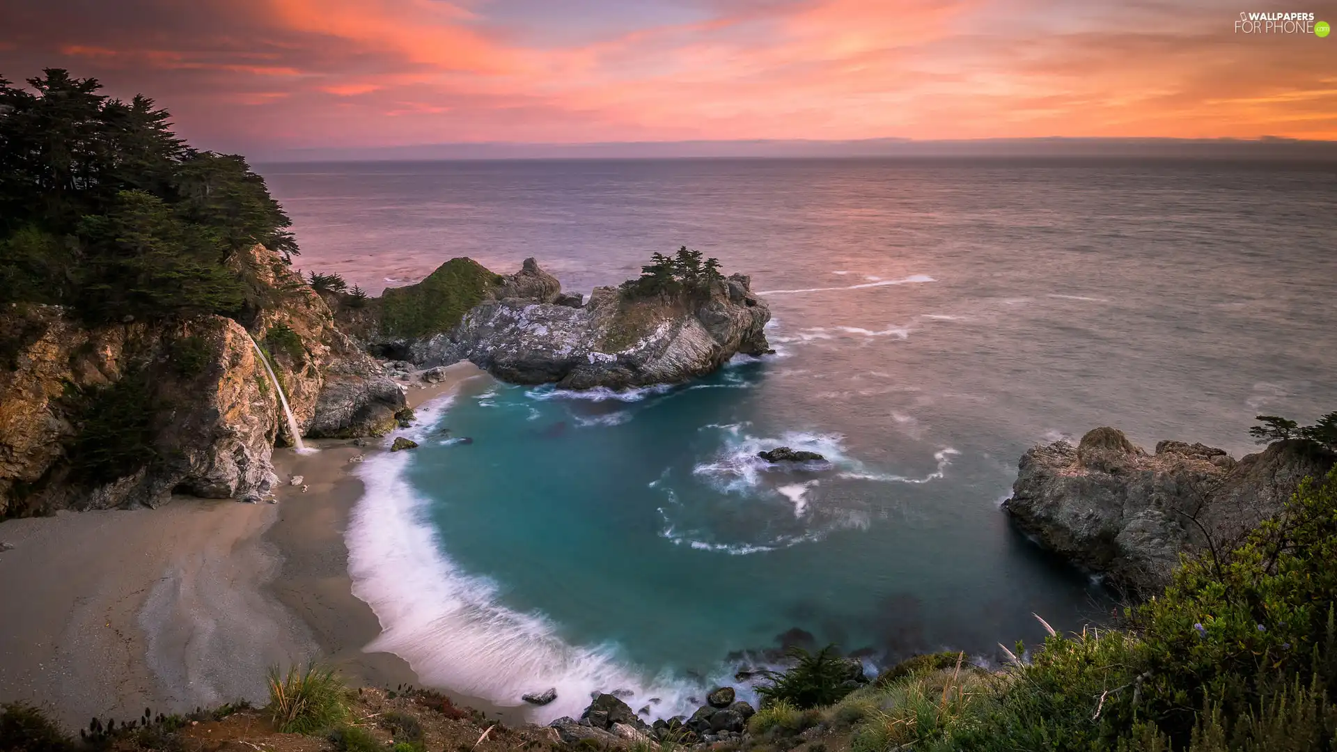 Julia Pfeiffer Burns State Park, sea, Great Sunsets, Gulf, rocks, California, The United States, McWay Falls