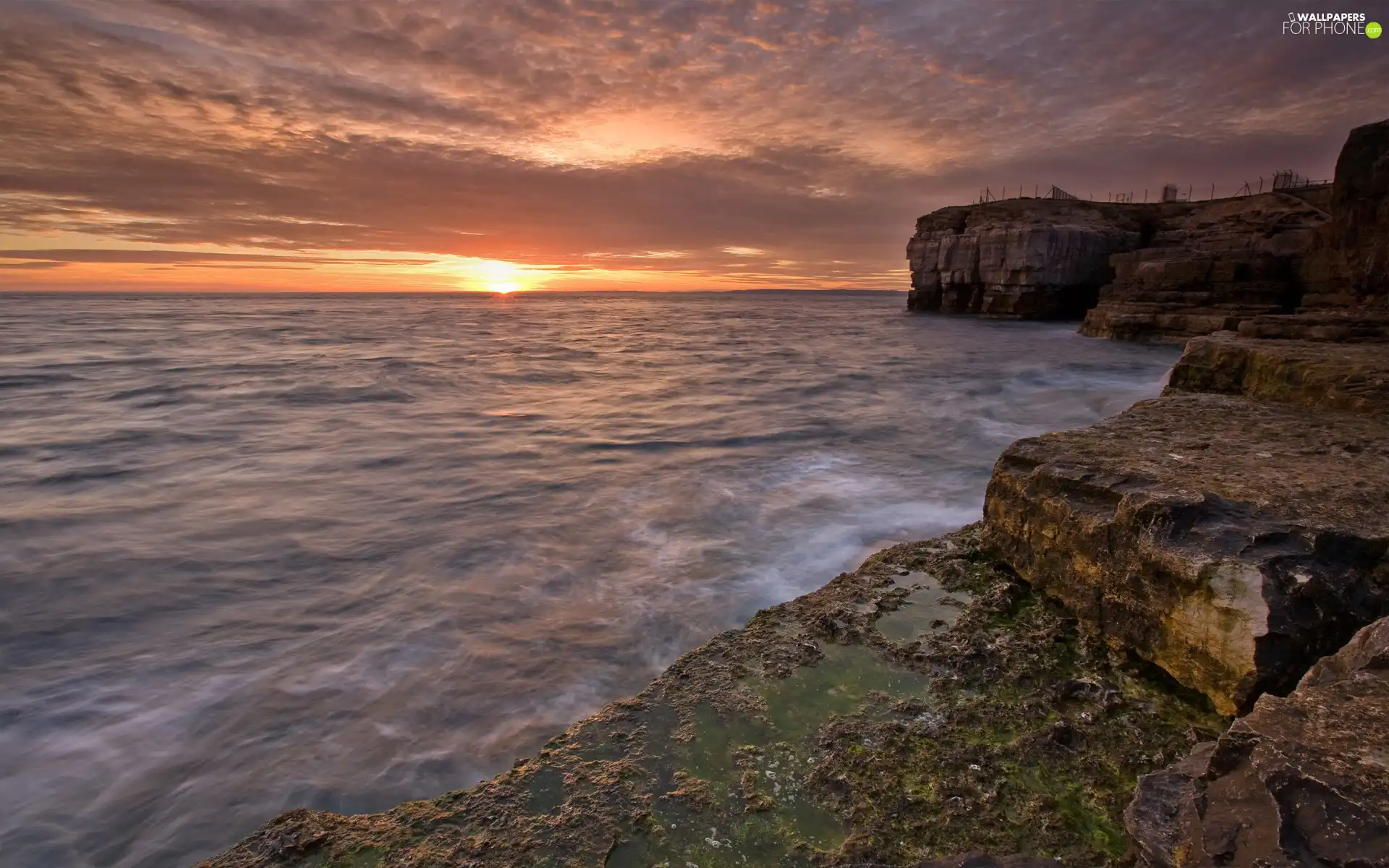 sea, clouds, Great Sunsets, rocks