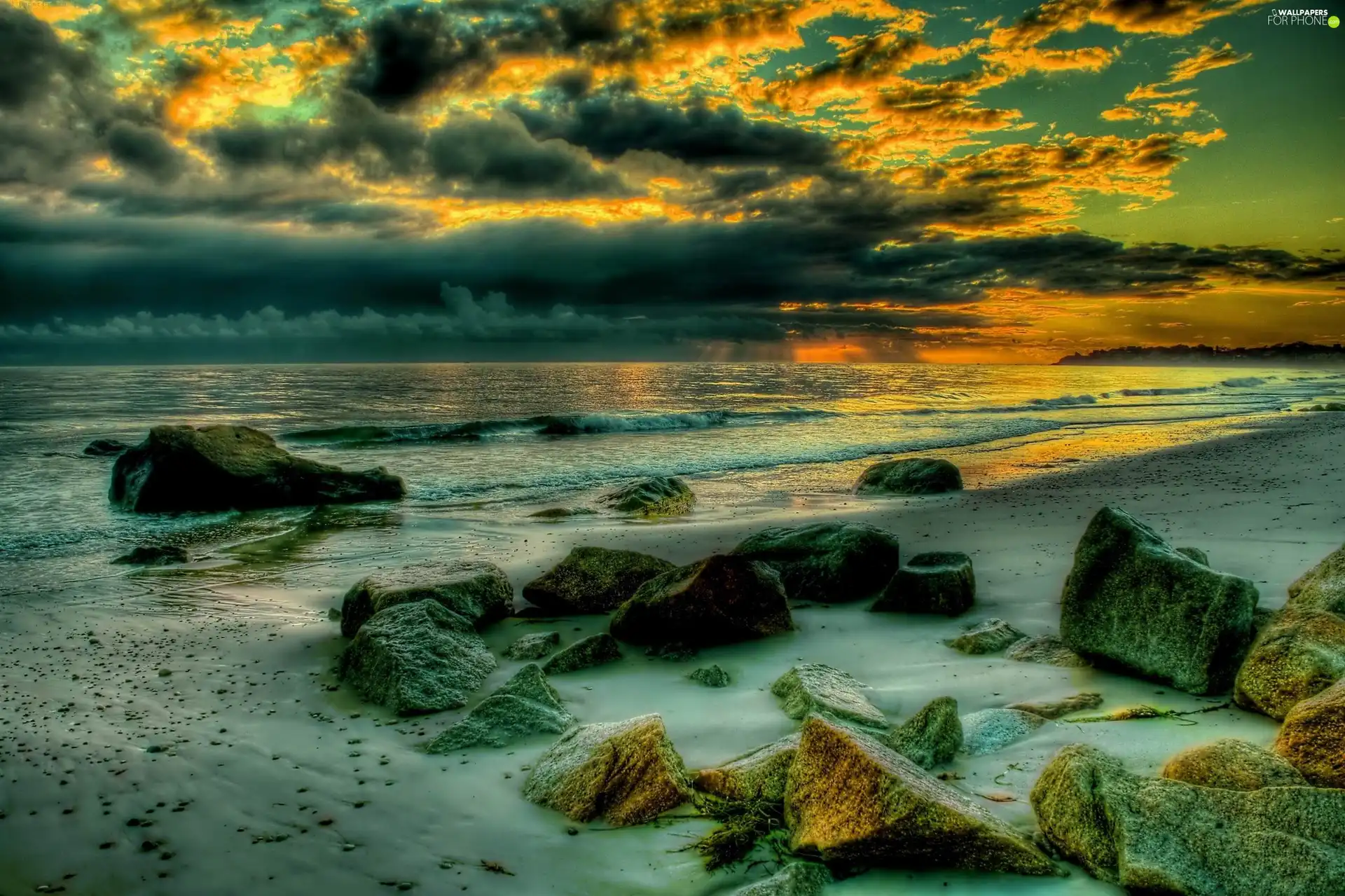 sea, clouds, Great Sunsets, Stones