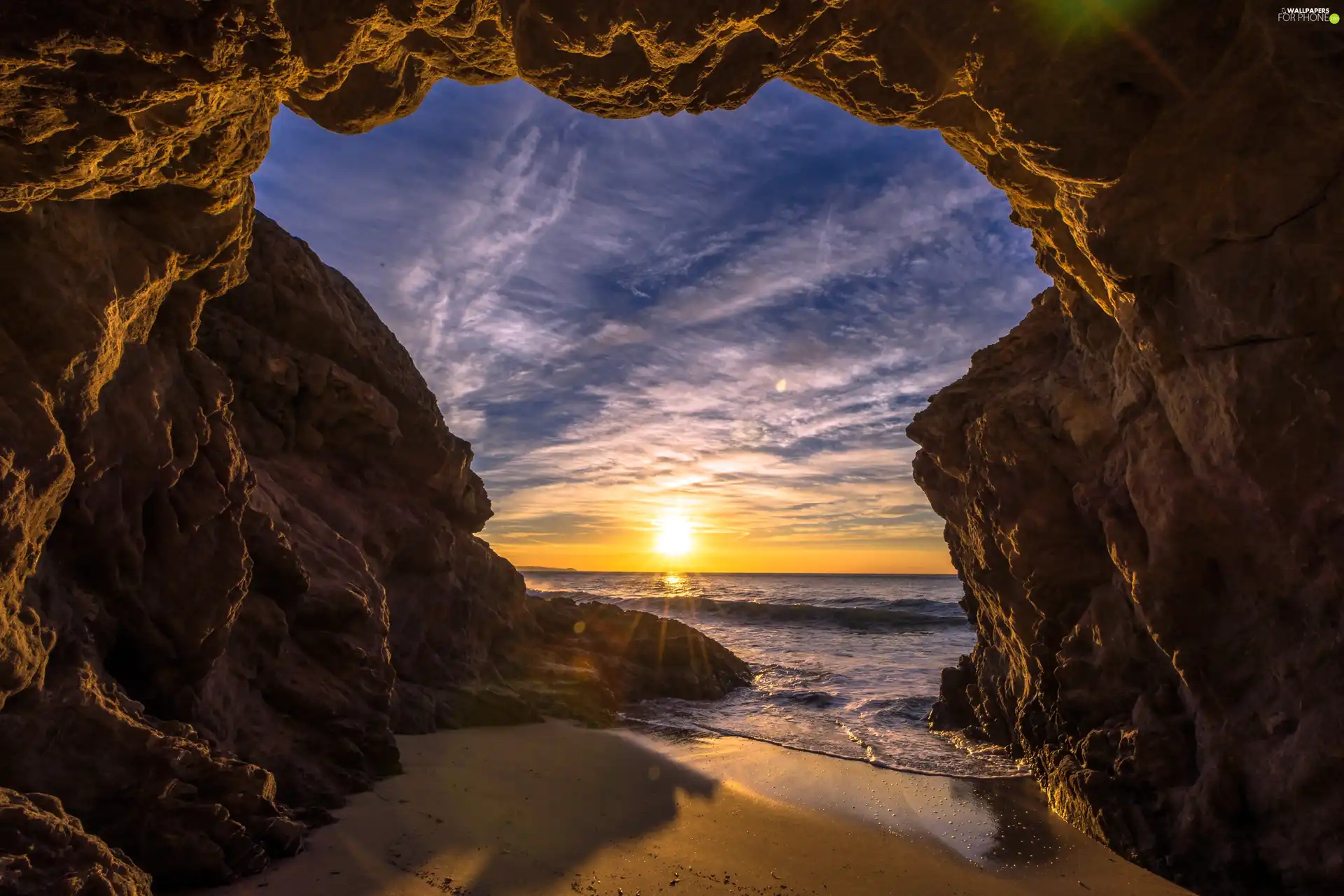 sea, rocks, Great Sunsets, cave