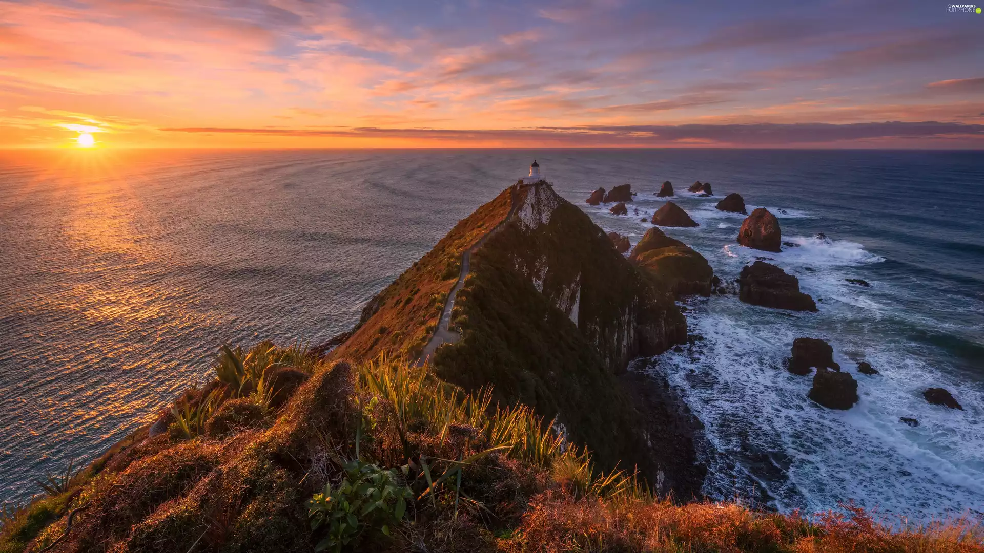 sea, Great Sunsets, Lighthouses, rocks