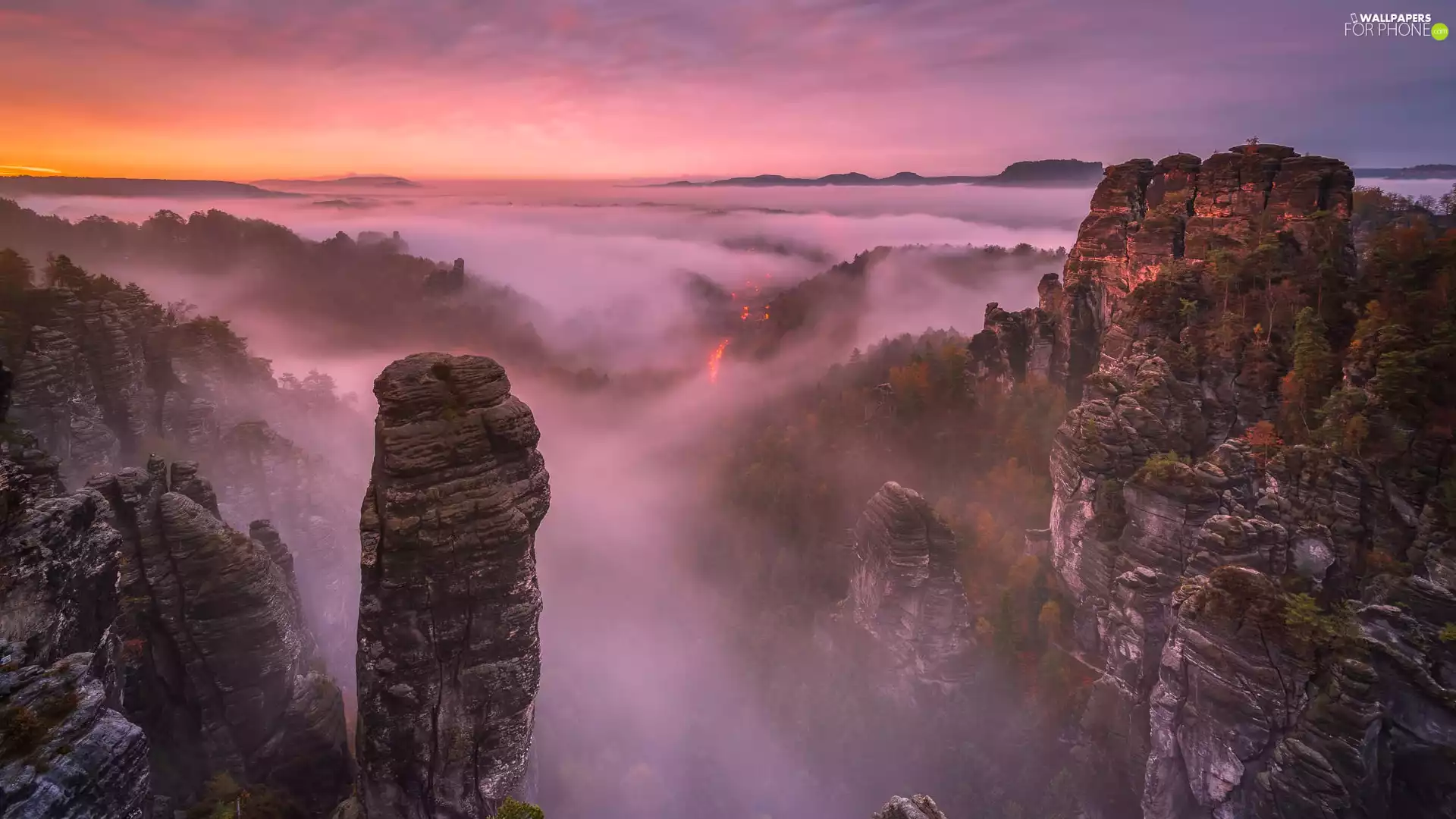 viewes, rocks, Germany, Great Sunsets, Saxon Switzerland National Park, trees, Děčínská vrchovina, Fog
