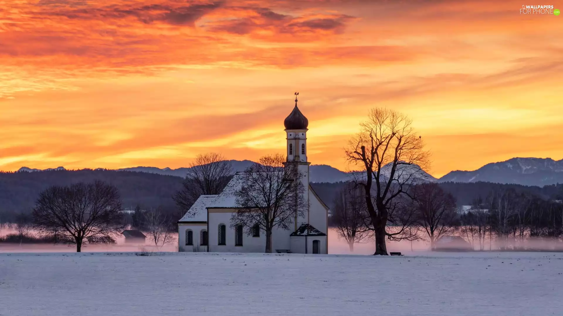 Church, winter, viewes, Great Sunsets, trees, Mountains