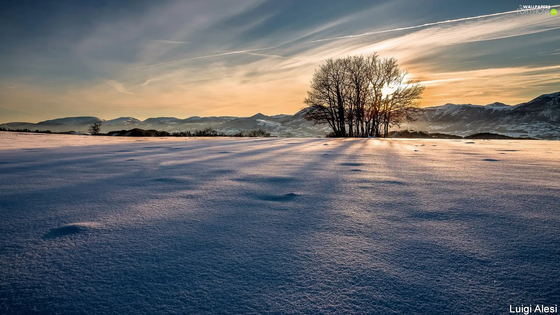 Mountains, winter, viewes, Great Sunsets, trees, snow