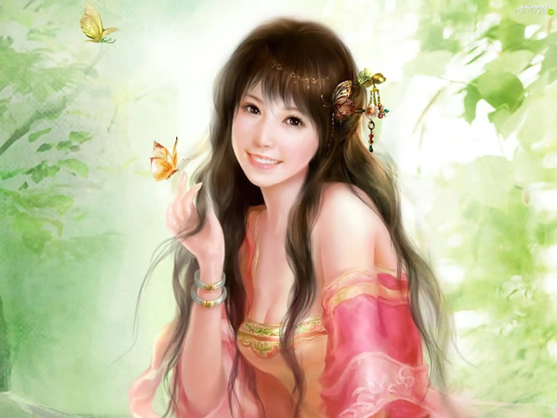 green, girl, butterflies