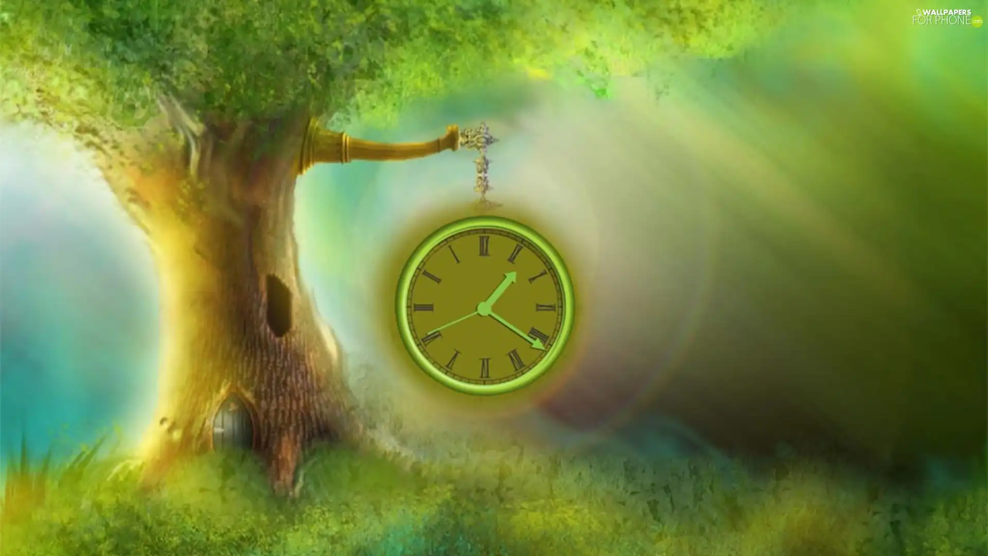 green, trees, Clock