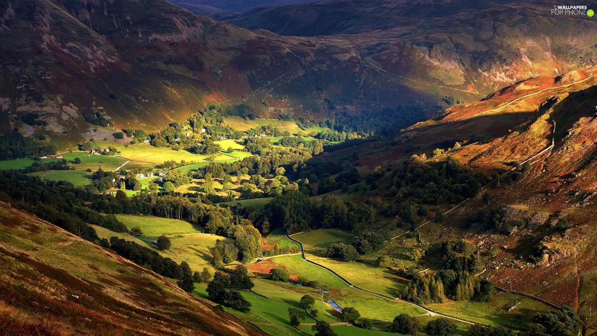 green, Mountains, Houses