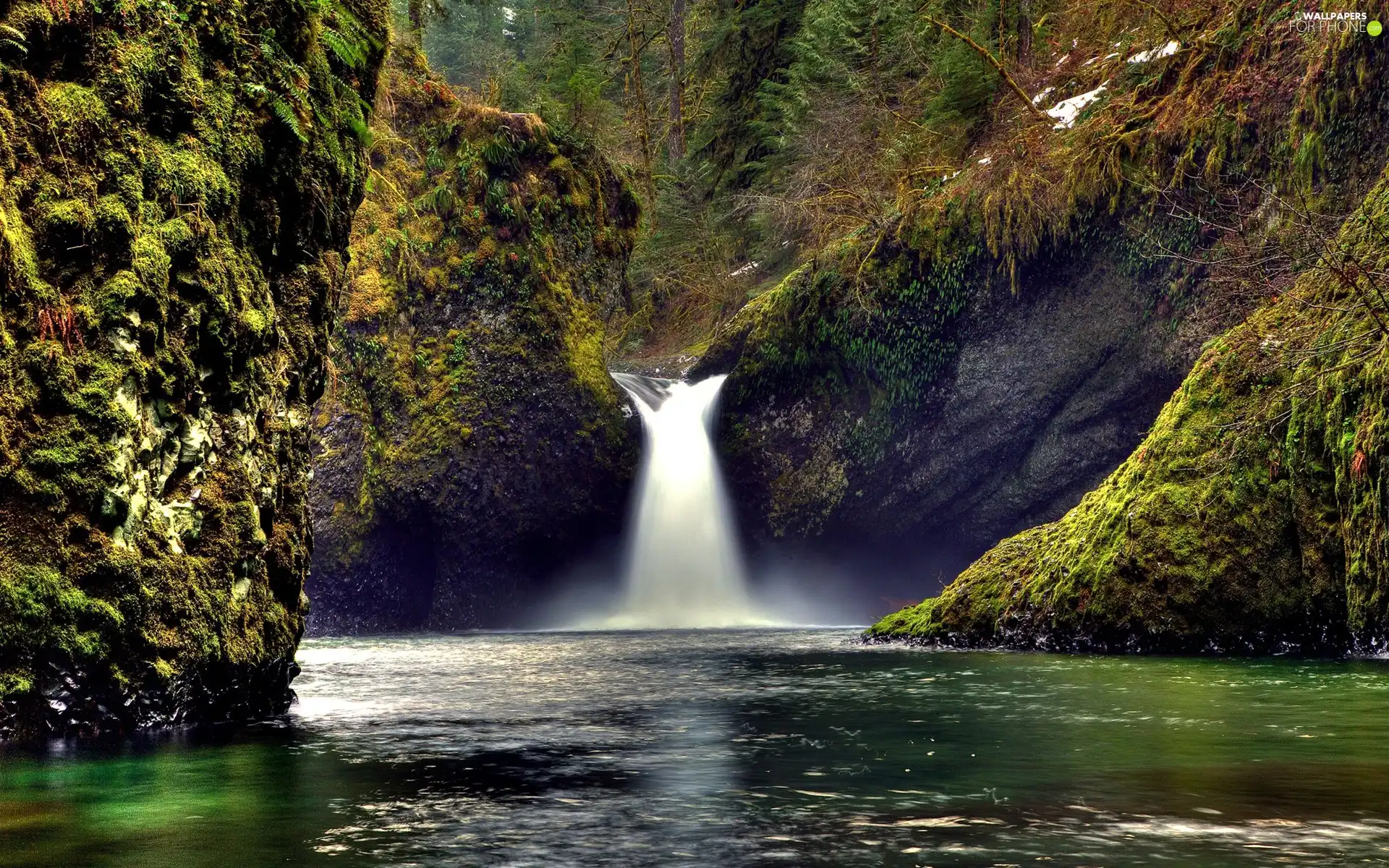 green, waterfall, rocks