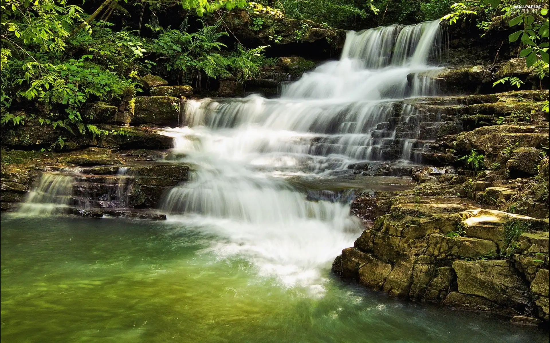 green, waterfall, rocks