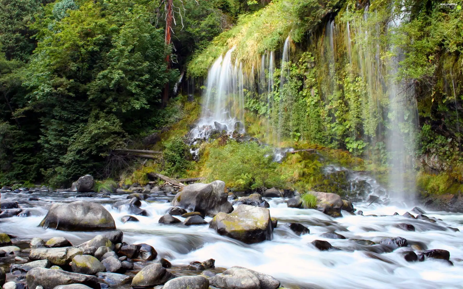 waterfall, Stones, green, River
