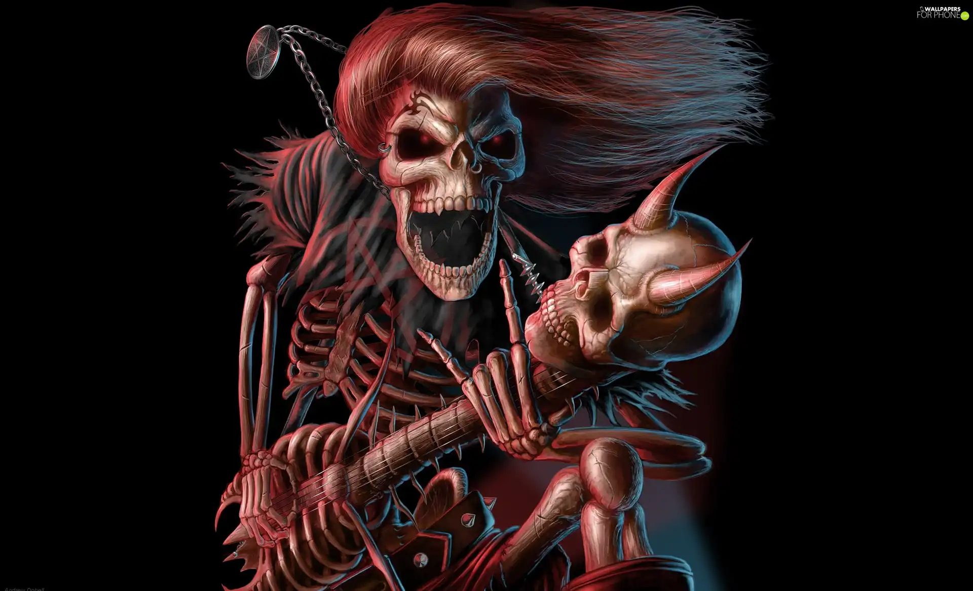 Guitar, skeleton, Skull