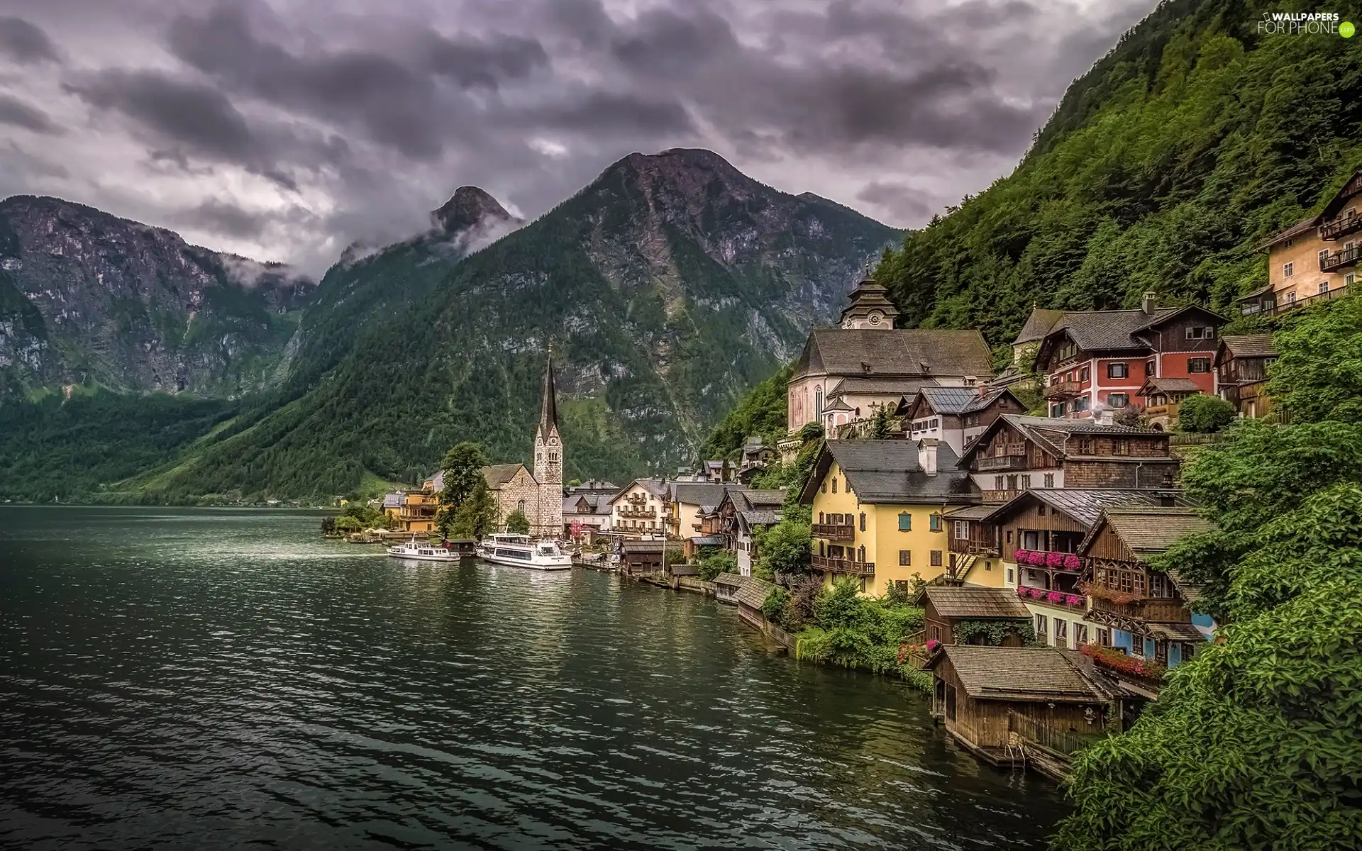 Mountains, Houses, Austria, Church, Gmunden District, Salzburg Slate Alps, Hallstattersee Lake, Hallstatt