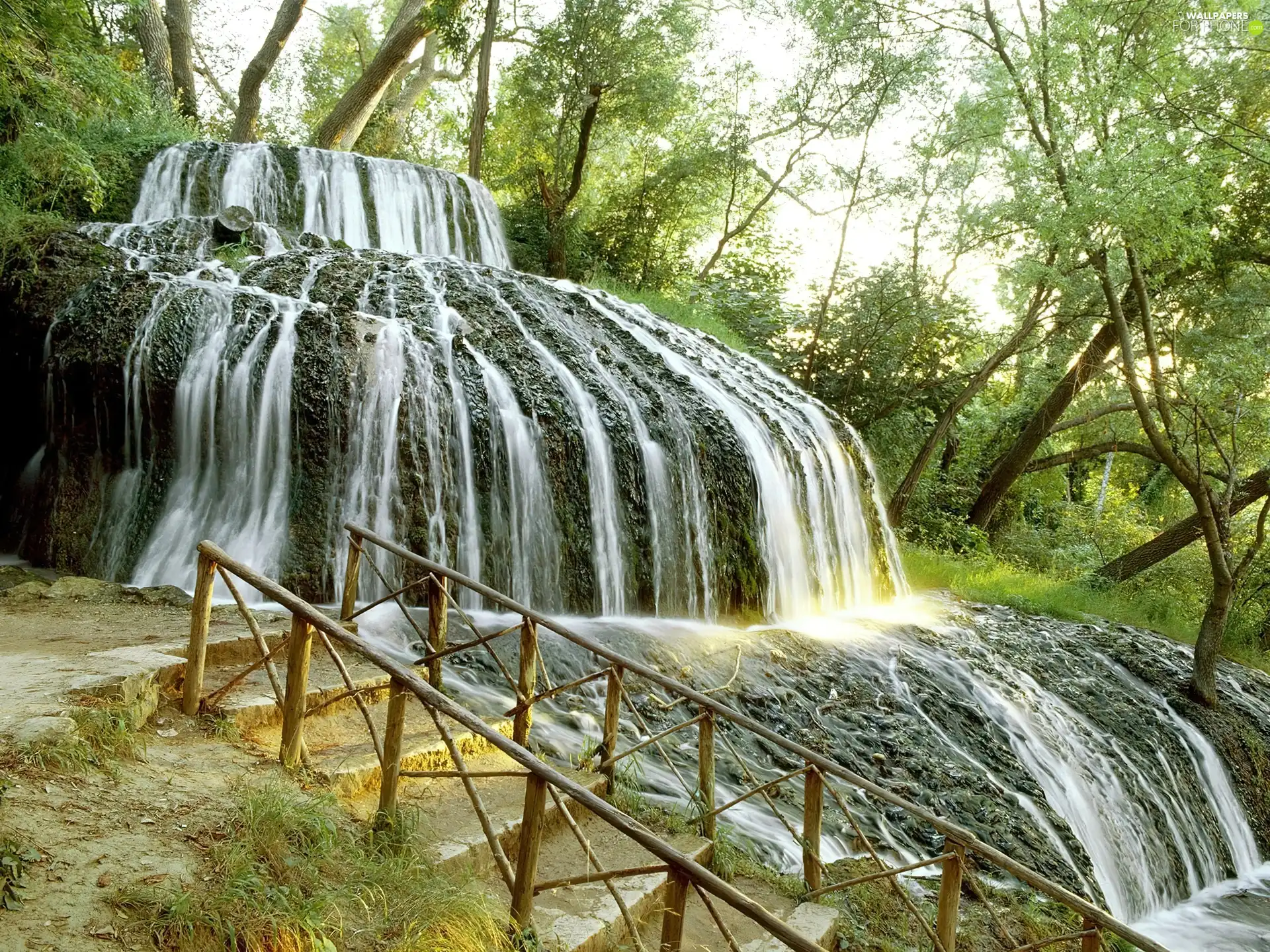 waterfall, Wooden, hand-rail, Stairs