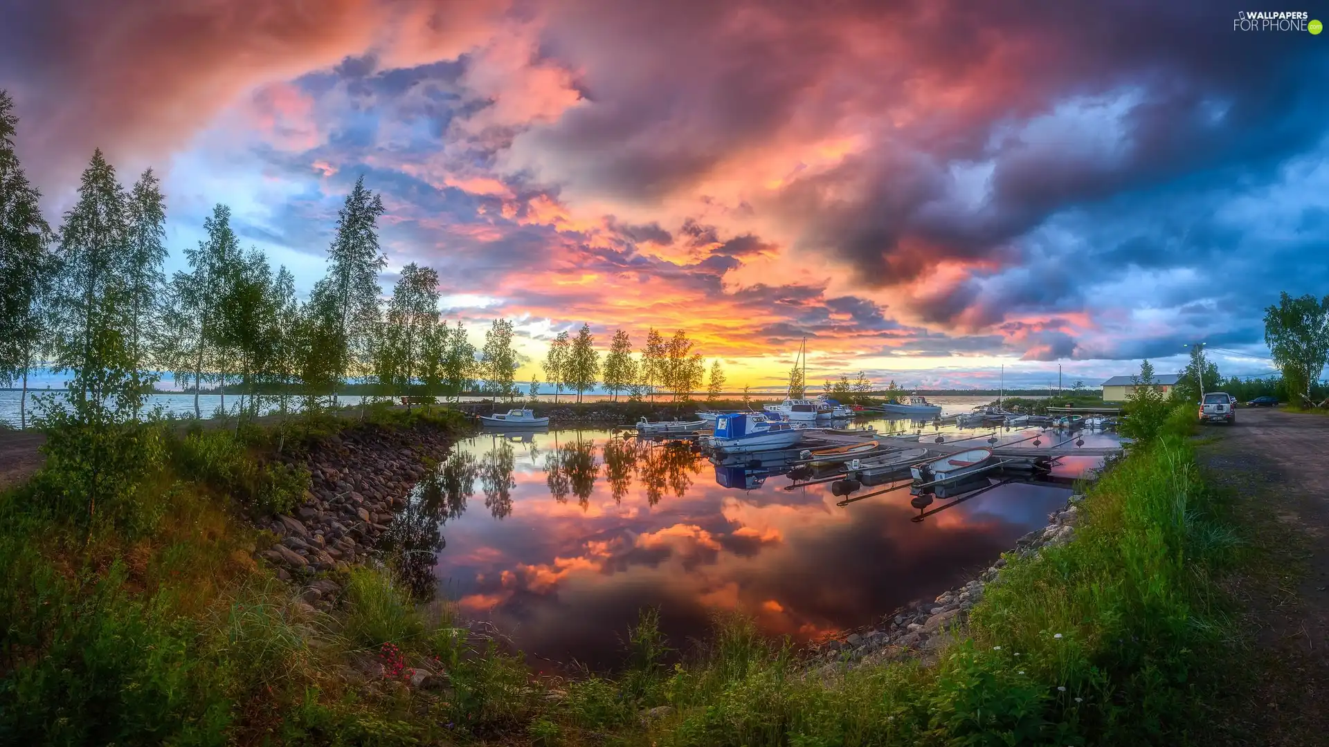 Harbour, motorboat, lake, Way, viewes, clouds, Great Sunsets, trees