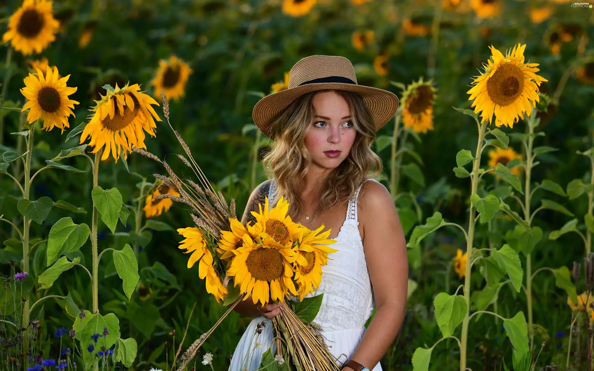 Hat, White, Nice sunflowers, dress, bouquet, Blonde, Women, Flowers