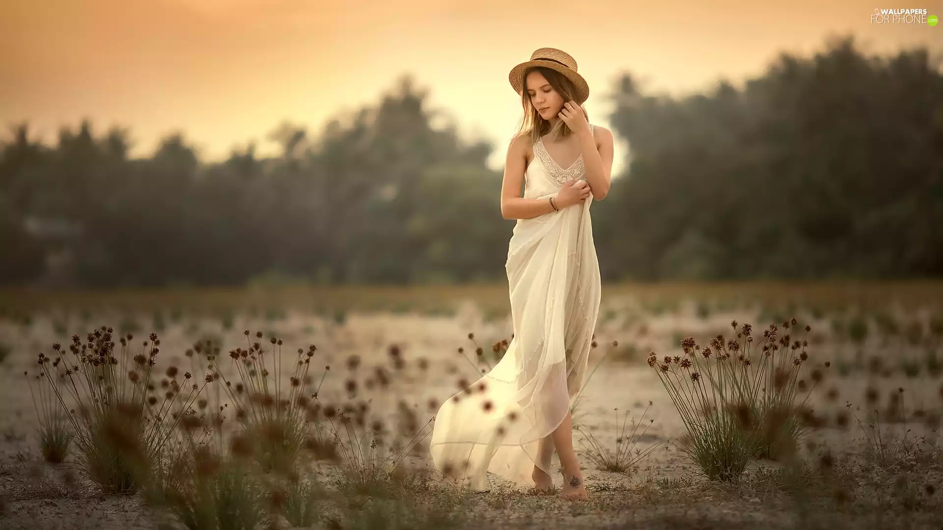 girl, White, dress, Hat