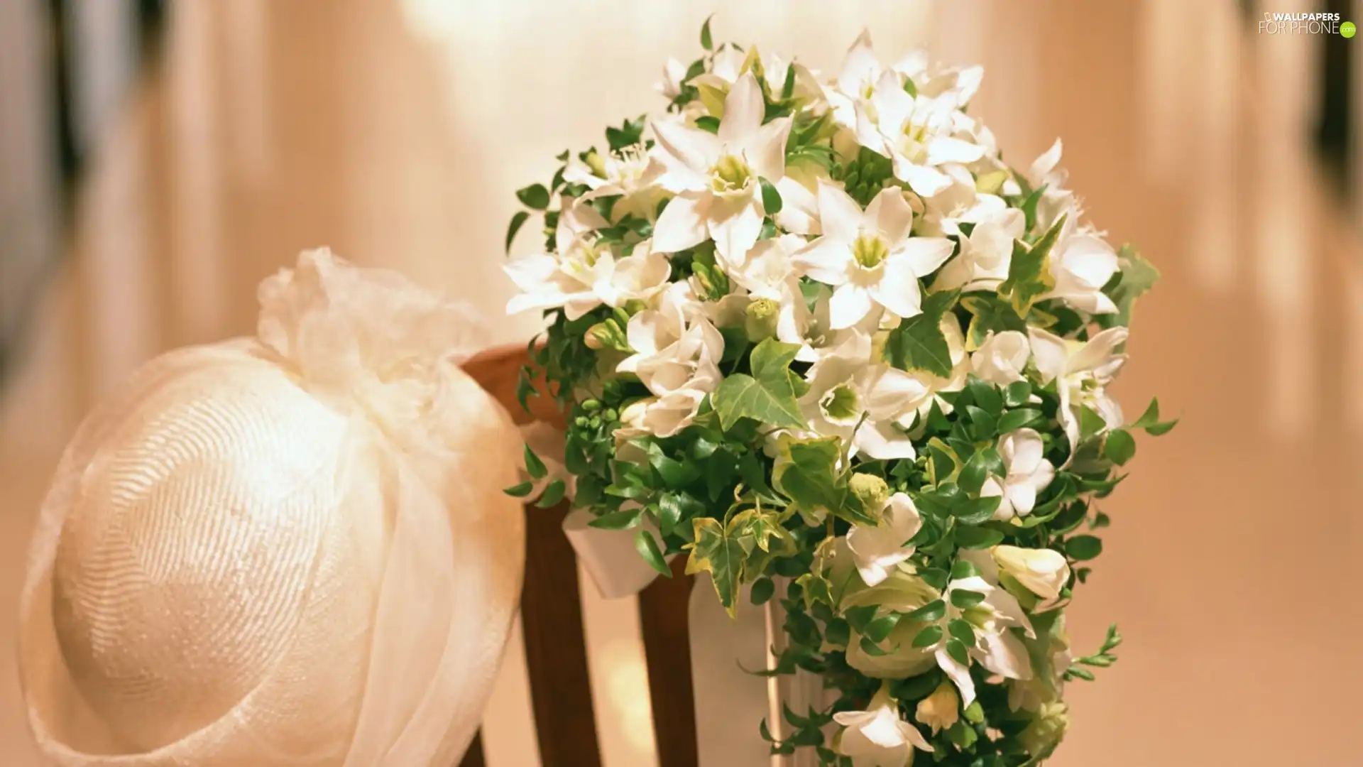 wedded, Chair, Hat, bouquet