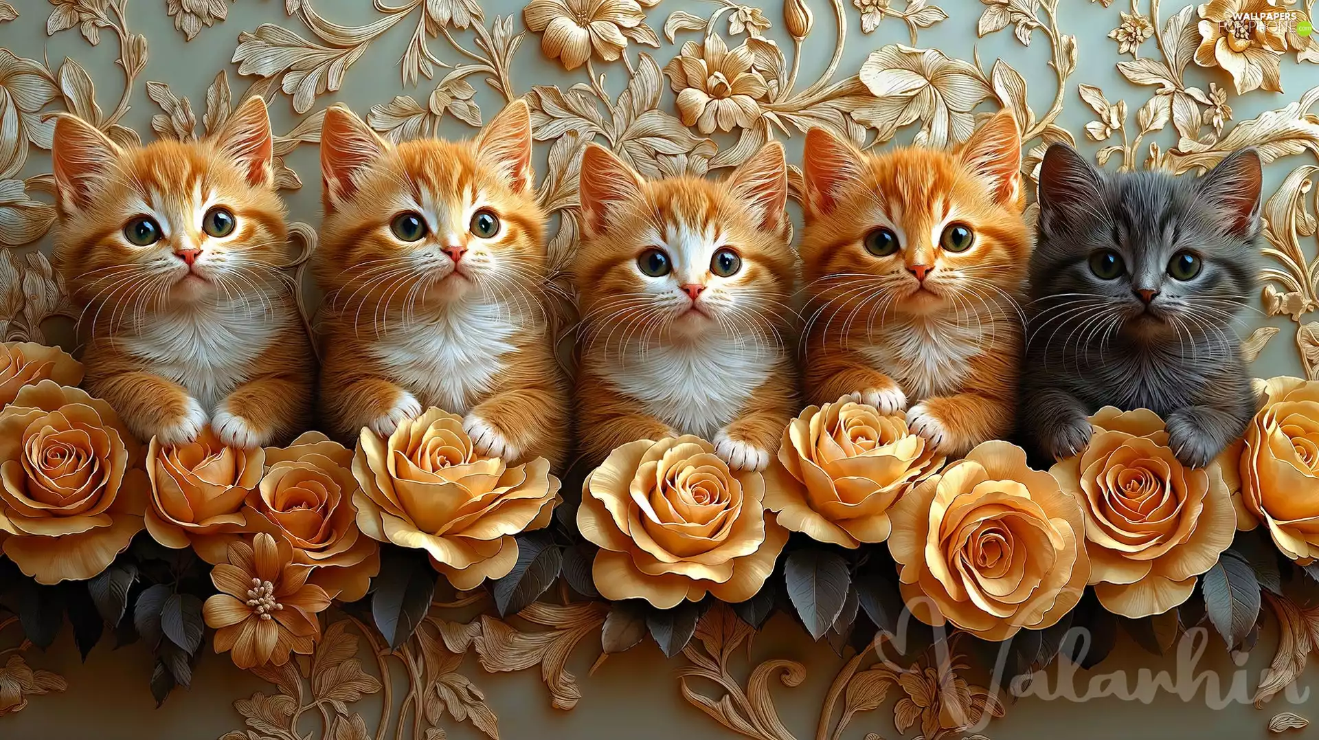 roses, graphics, red head, Black, cats