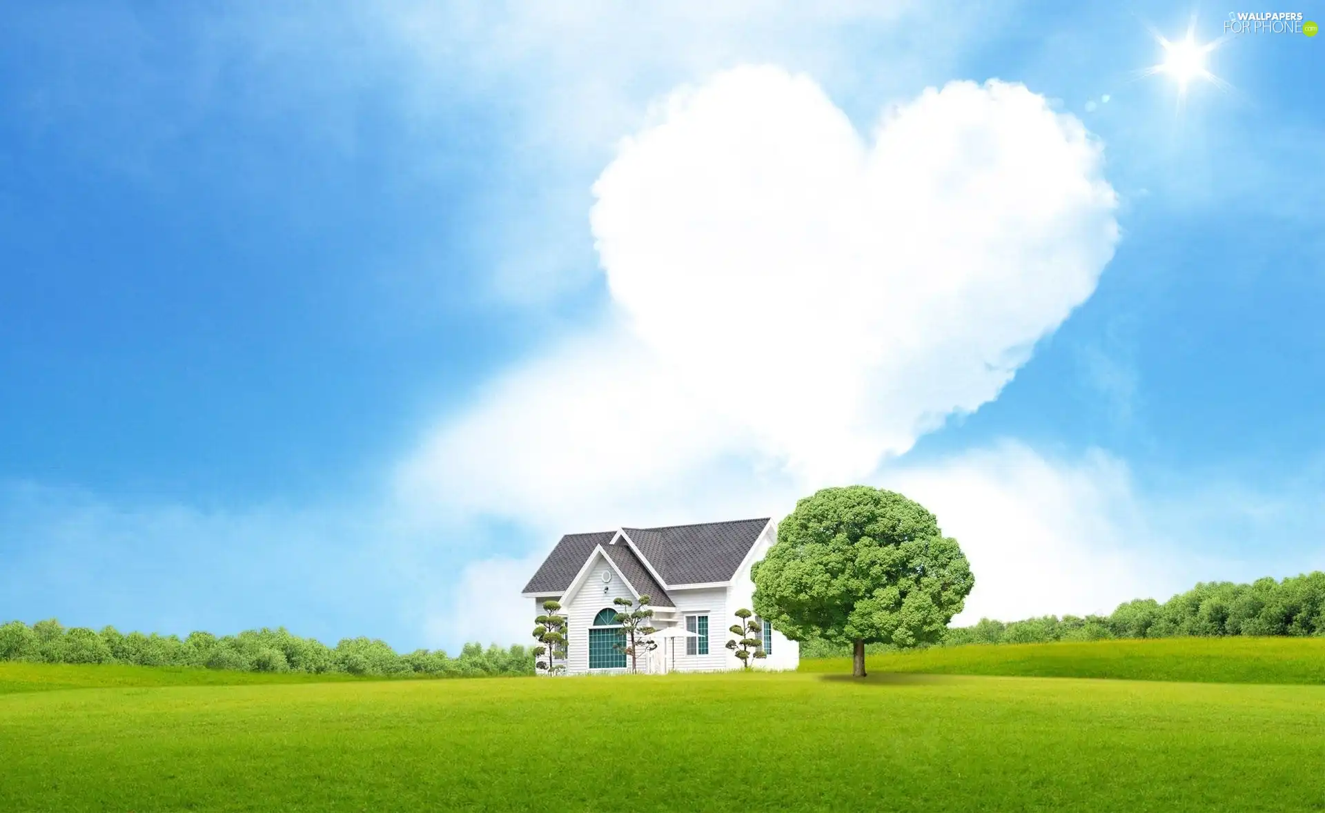 Heart, house, trees