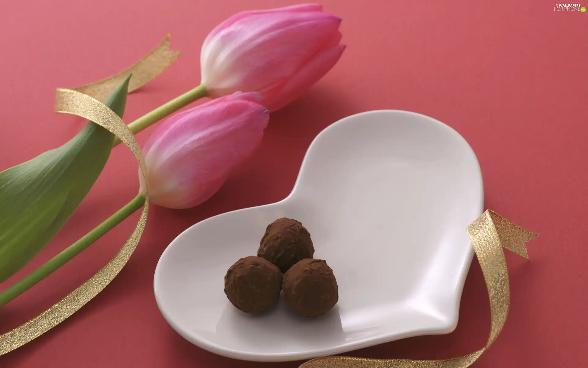 Heart, Truffles, ribbon, plate, Tulips