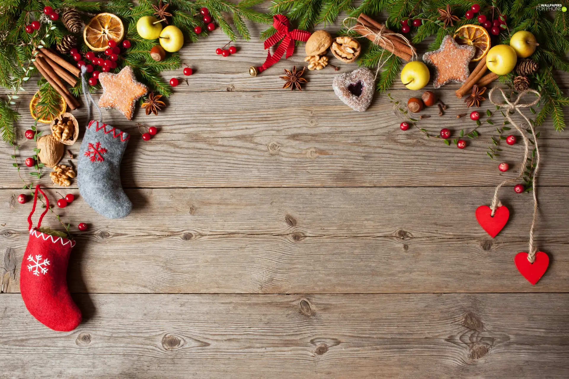 cinnamon, apples, Christmas, socks, composition, nuts, ginger, hearts