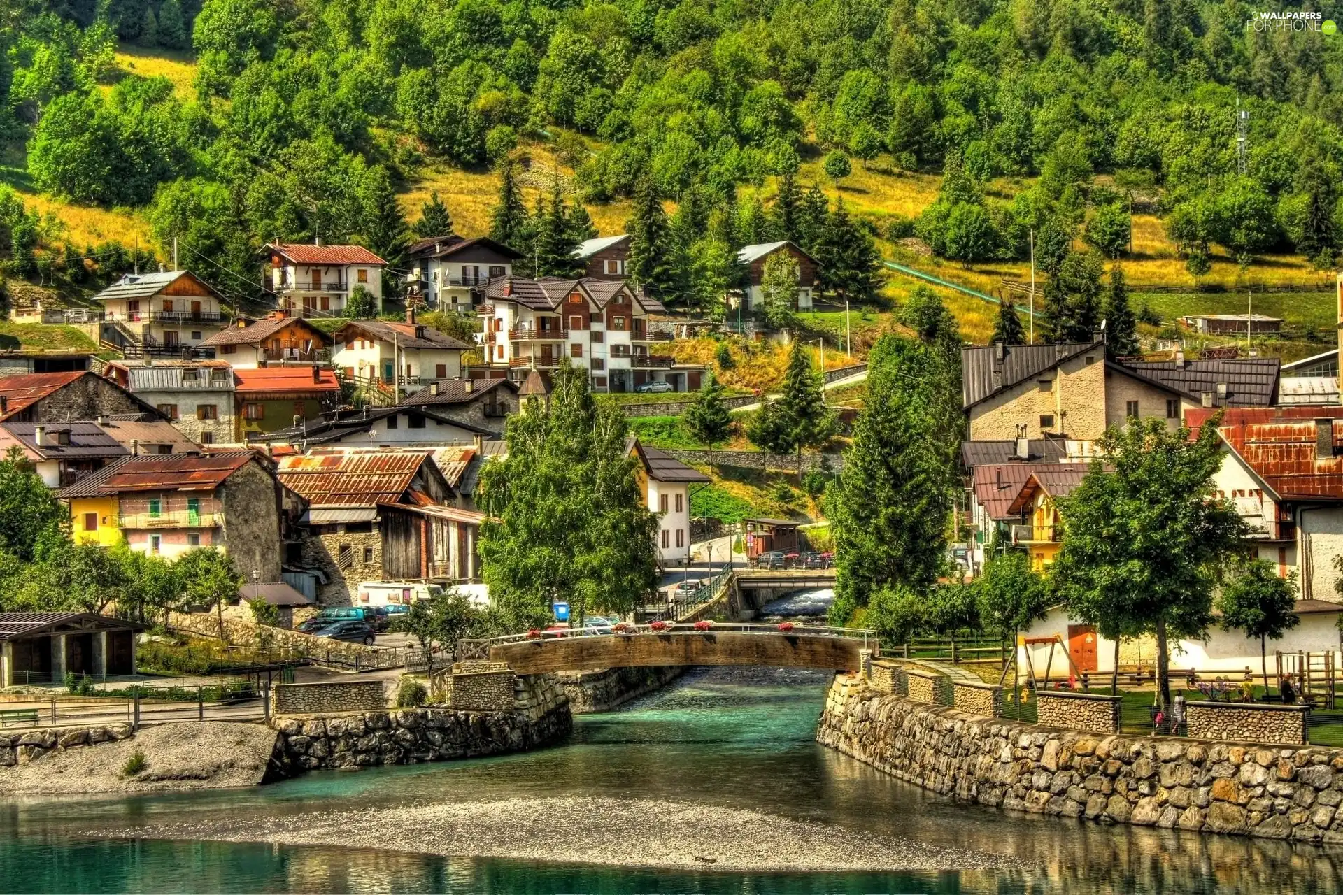 hills, Houses, edges, rivers, bridge