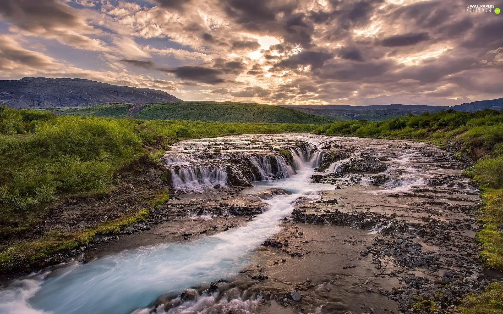 Bruarfoss Waterfall, clouds, Bruara River, The Hills, Sky, Great Sunsets, iceland