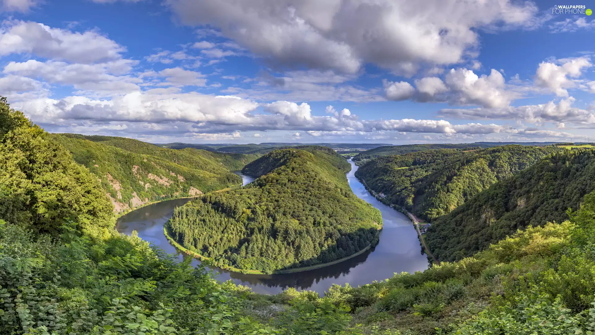 curve, forested, trees, Mettlach, viewes, River Saar, The Hills, Germany, Meandro del Sarre, clouds