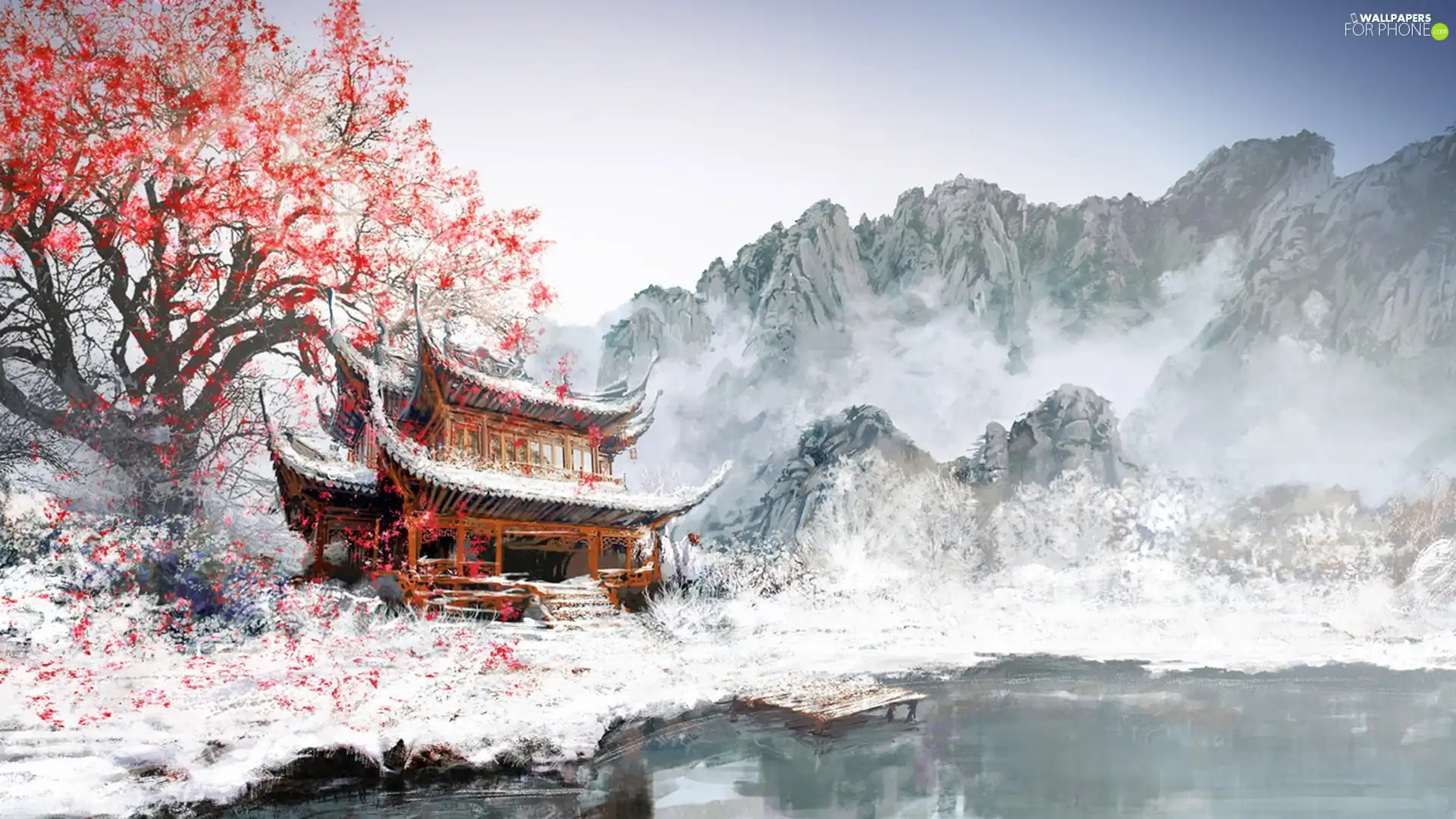 Home, japanese, Mountains, trees, winter